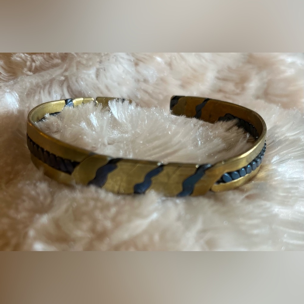 Vintage Brass and Blue Metal Sculpted Cuff Bracelet